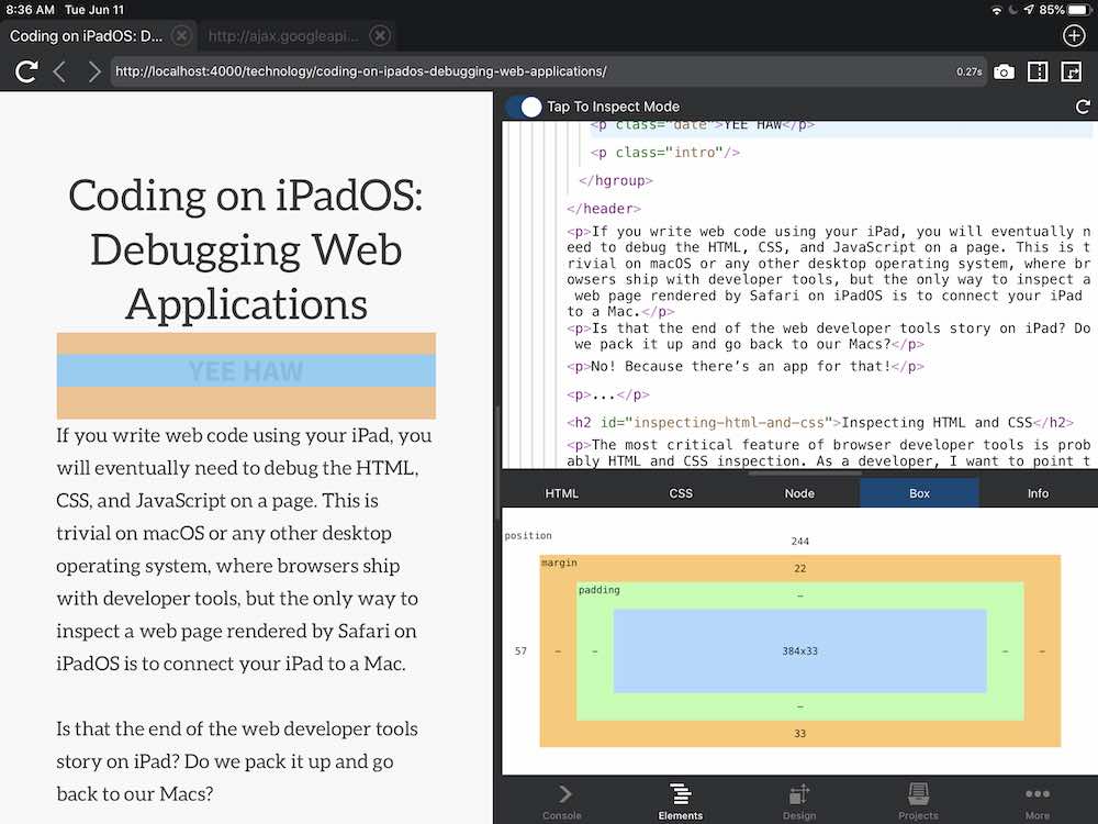 developer tools on safari ipad