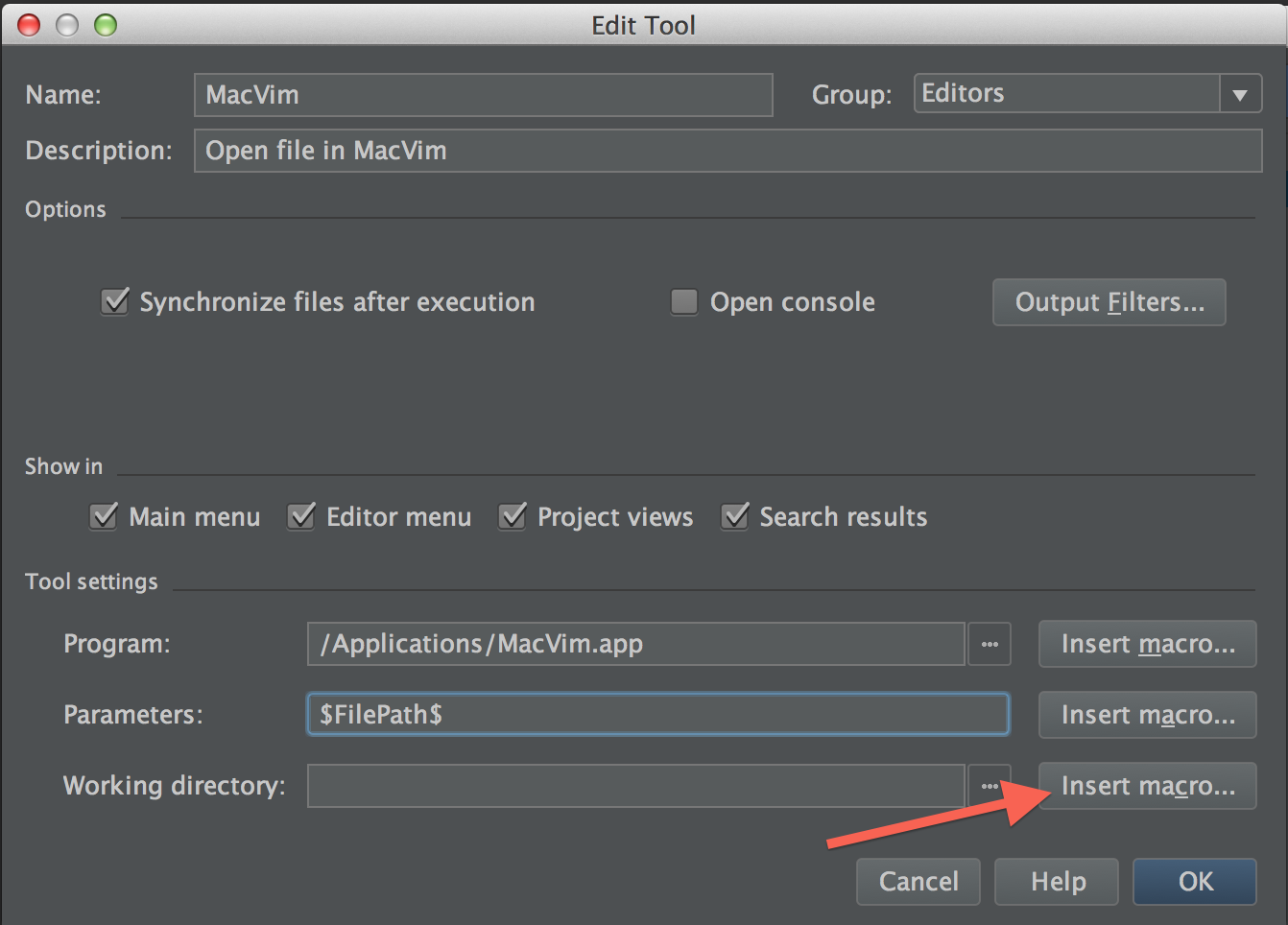 Clicking to insert a macro for the working directory setting of an external tool in PyCharm