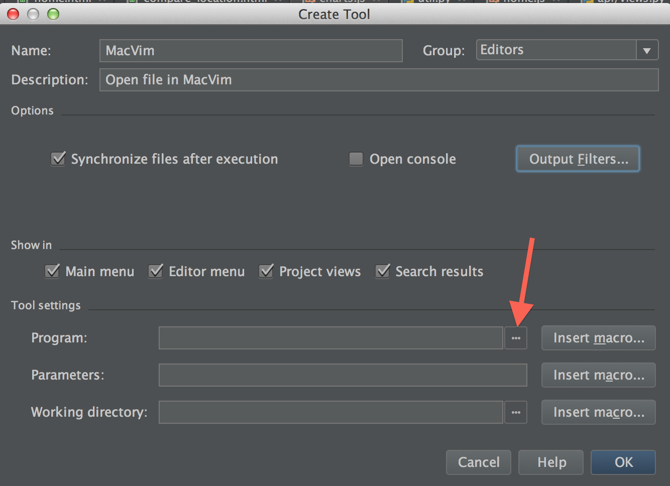 Setting the program path for an external tool in PyCharm